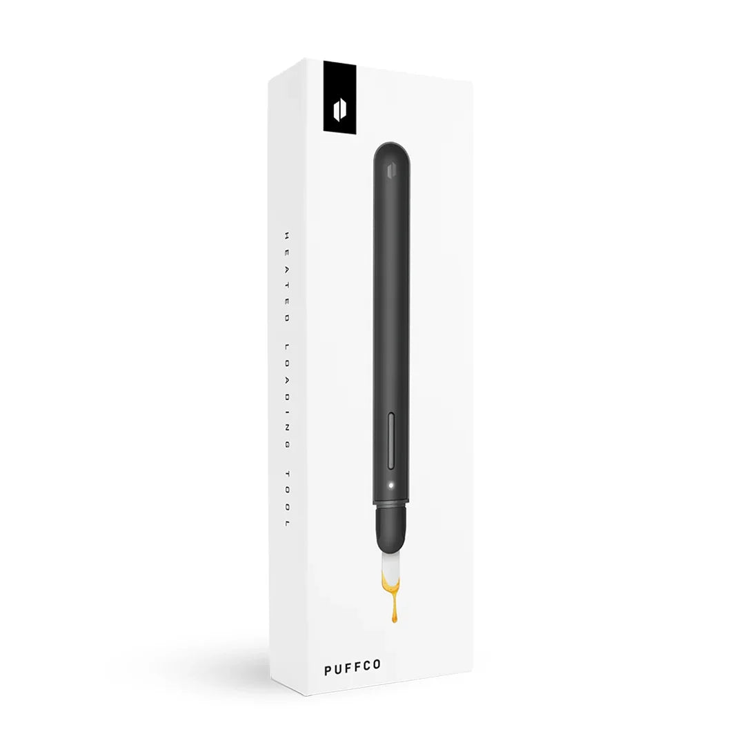 Puffco Hot Knife Onyx heated loading tool in white retail box with oil drop illustration