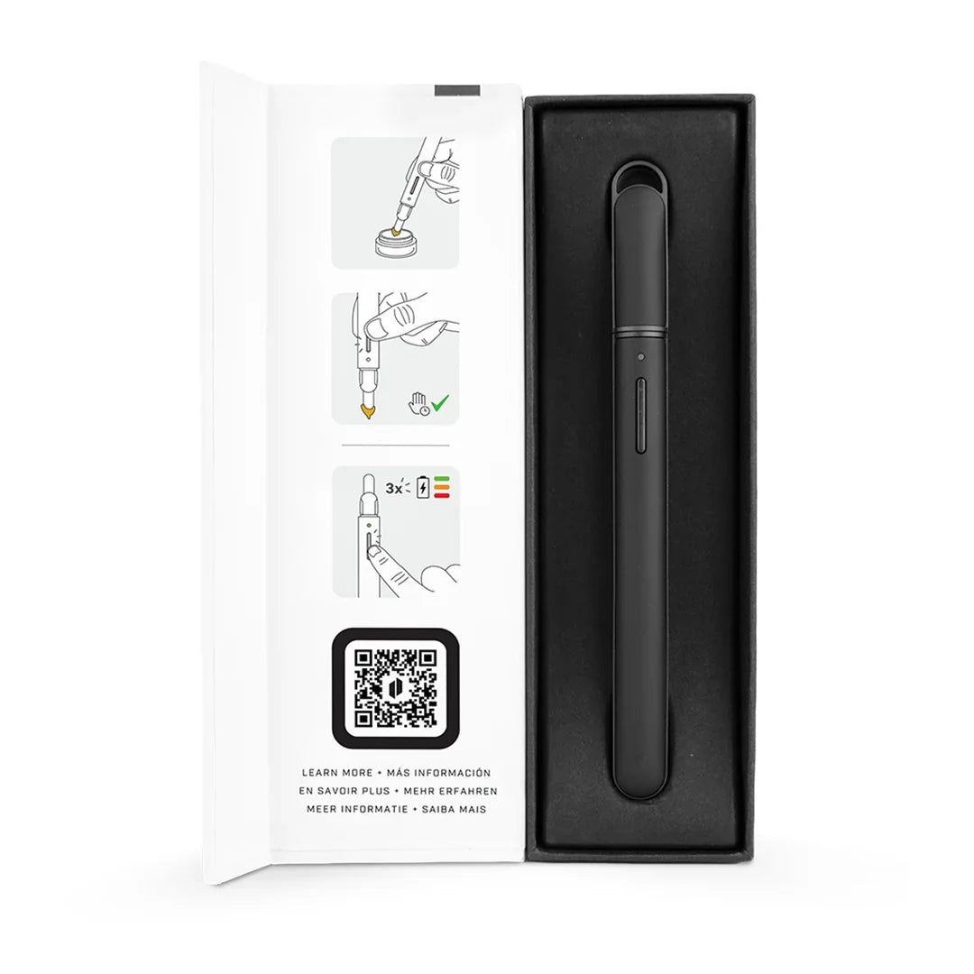 Black hot knife tool in open box with illustrated instructions and QR code