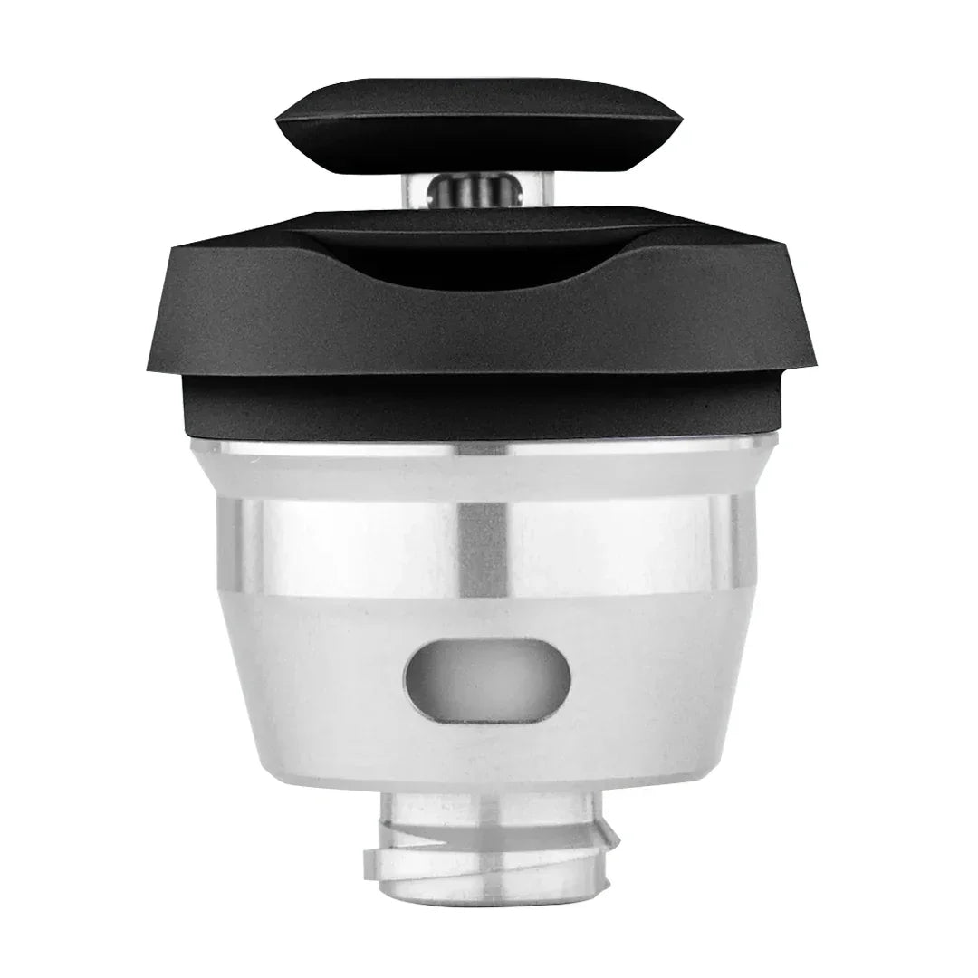 Closeup of metal and black vaporizer atomizer with airflow vent, isolated on white background.