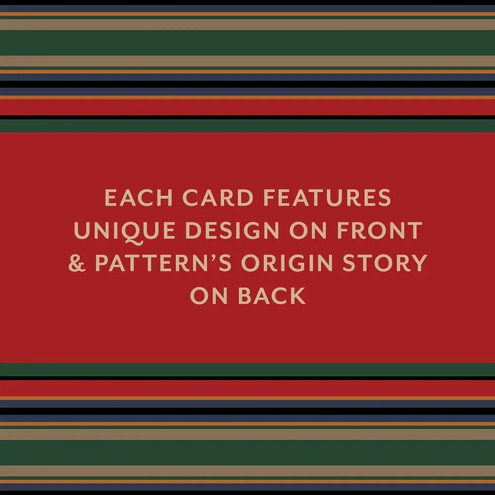 Red notecard with beige text, bordered by colorful stripes, describes unique front designs and pattern origin stories on the back.