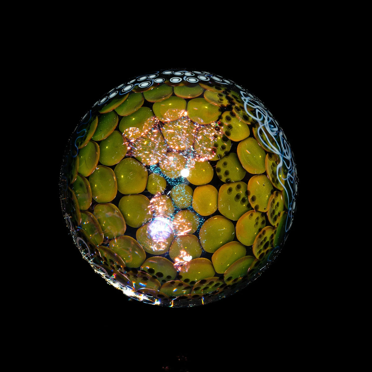 Heady glass marble with yellow cell pattern and intricate designs, art glass photography