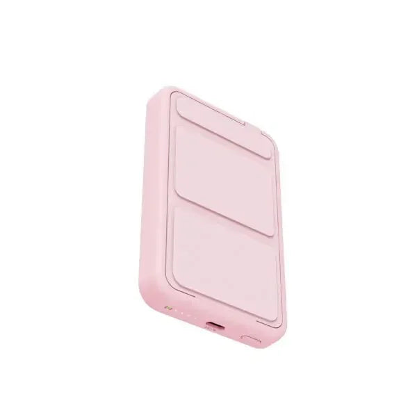 Pink portable vaporizer device with dual rectangular panels and charging port, isolated on white background.