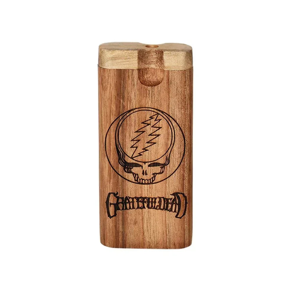 Wooden dugout with engraved Grateful Dead skull and lightning logo