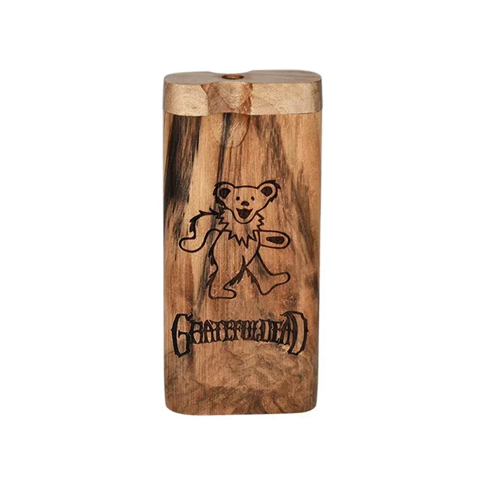 Wooden dugout with engraved dancing bear and Grateful Dead themed text