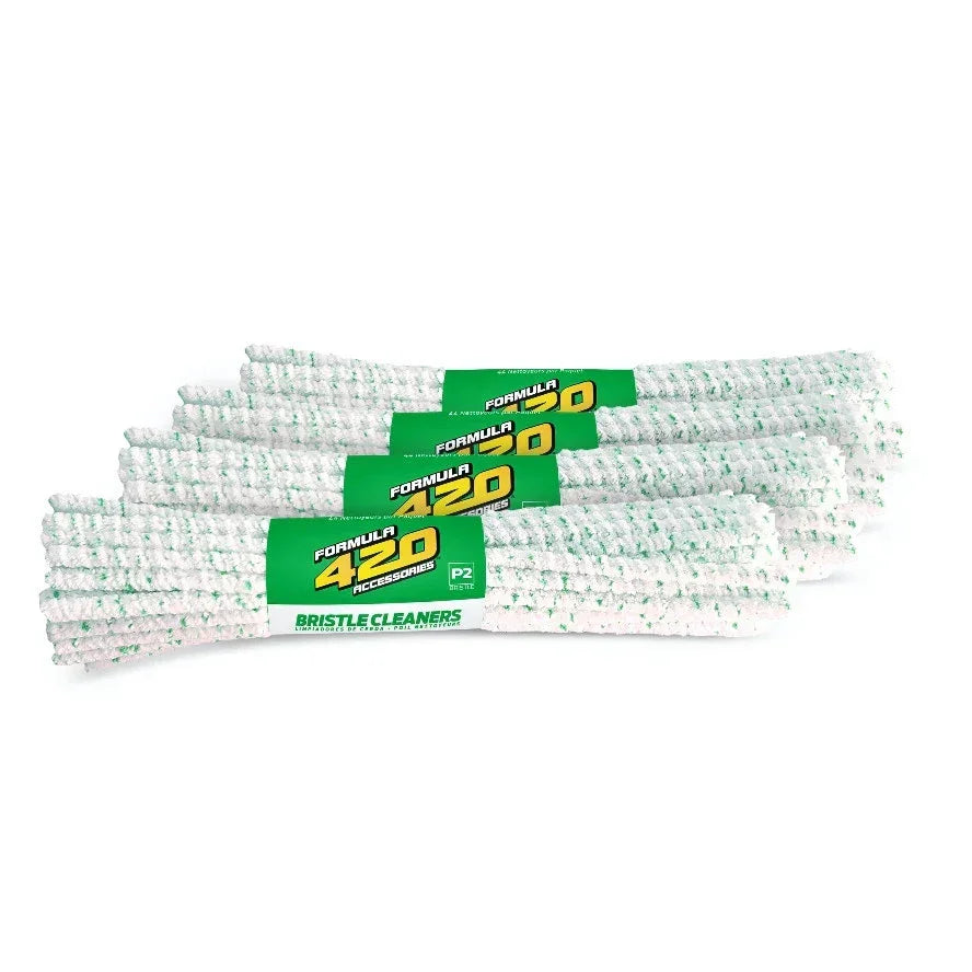Formula 420 bristle pipe cleaners with green accents, bundled for cleaning glass pipes.