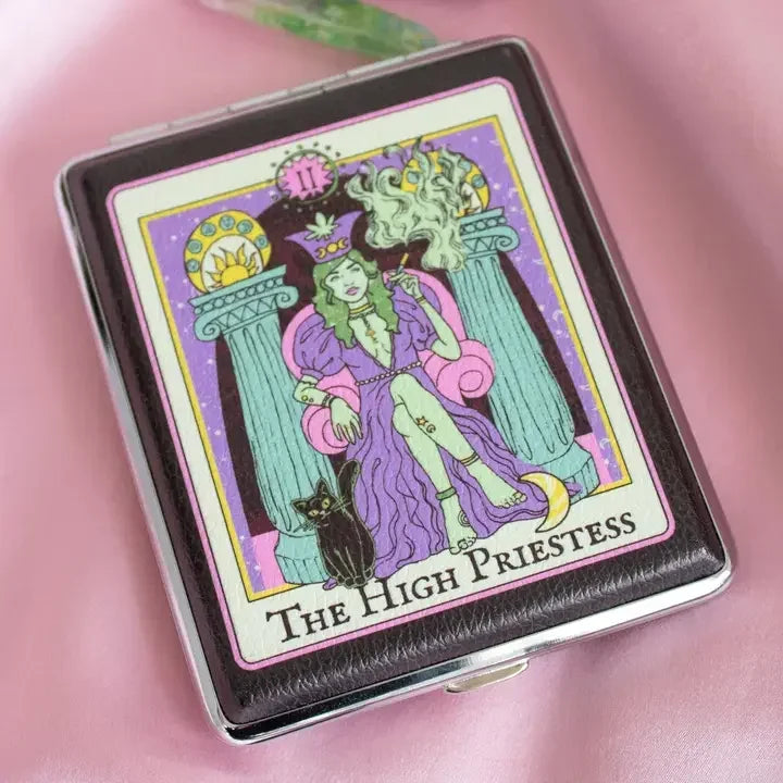 Tarot-inspired High Priestess rolling tray on pink satin, featuring mystical artwork and cat