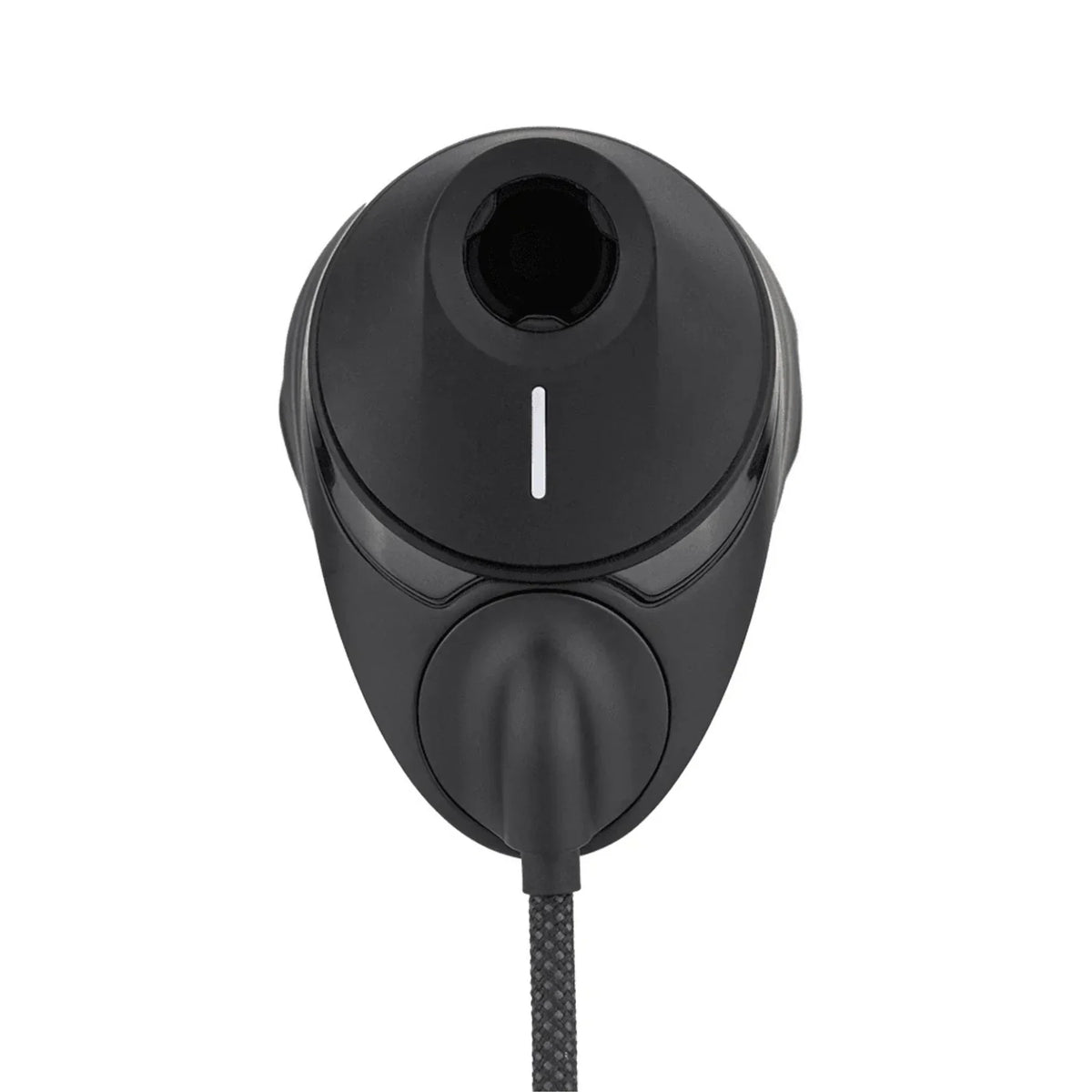Black electronic vaporizer charging with braided cable, close-up view