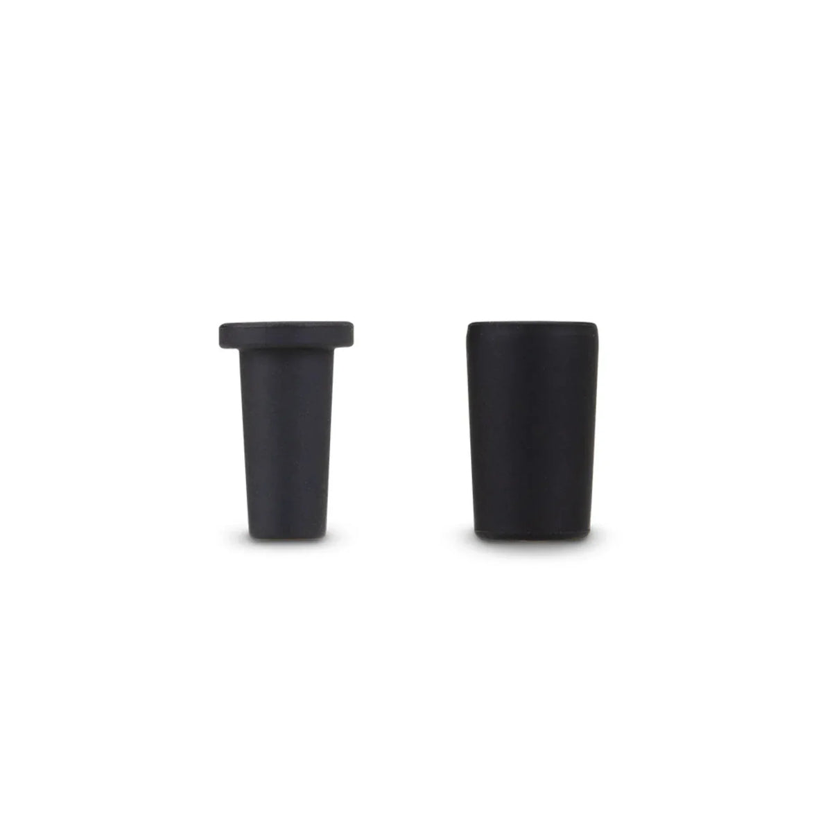 Two black silicone vaporizer accessory caps on a plain white background.
