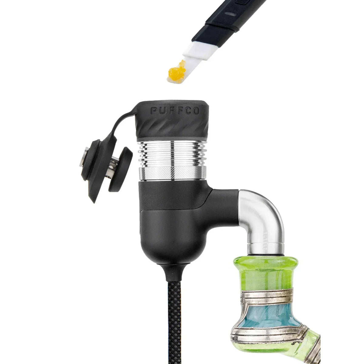 Puffco Pro Link vaporizer attachment connected to a glass water pipe, wax being loaded