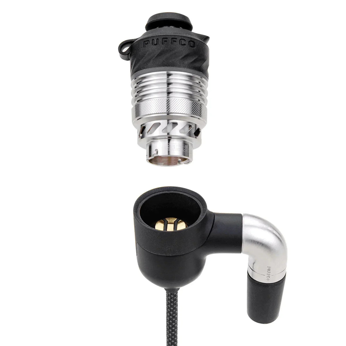 Puffco vaporizer accessory with metallic and black components on white background