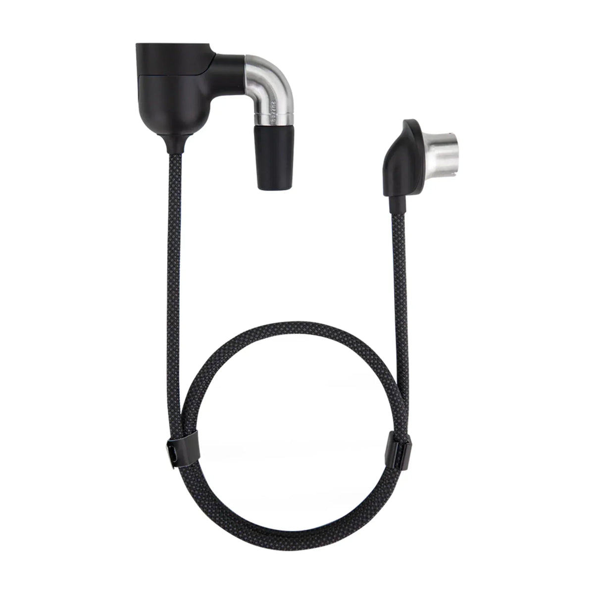 Black and silver vaporizer accessory hose with angled metal connector and braided cable
