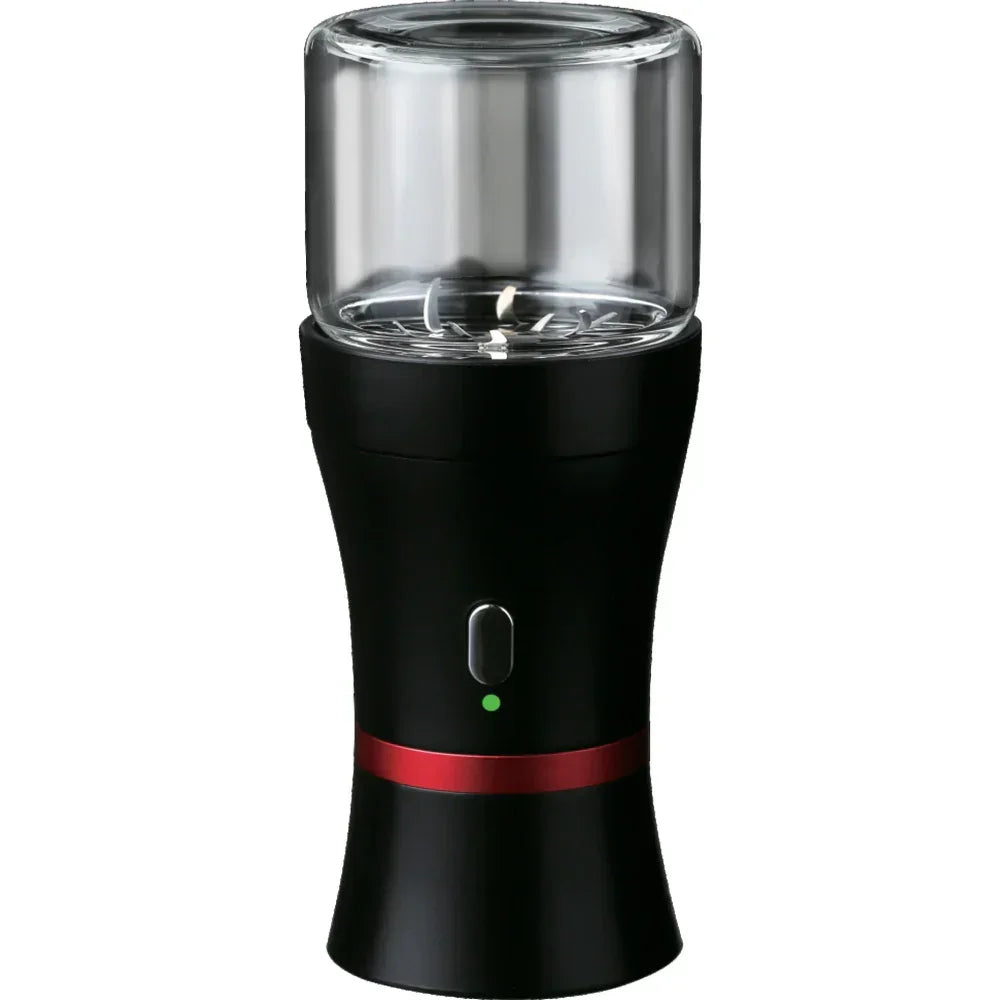 Black electric herb grinder with clear top chamber and red accent band