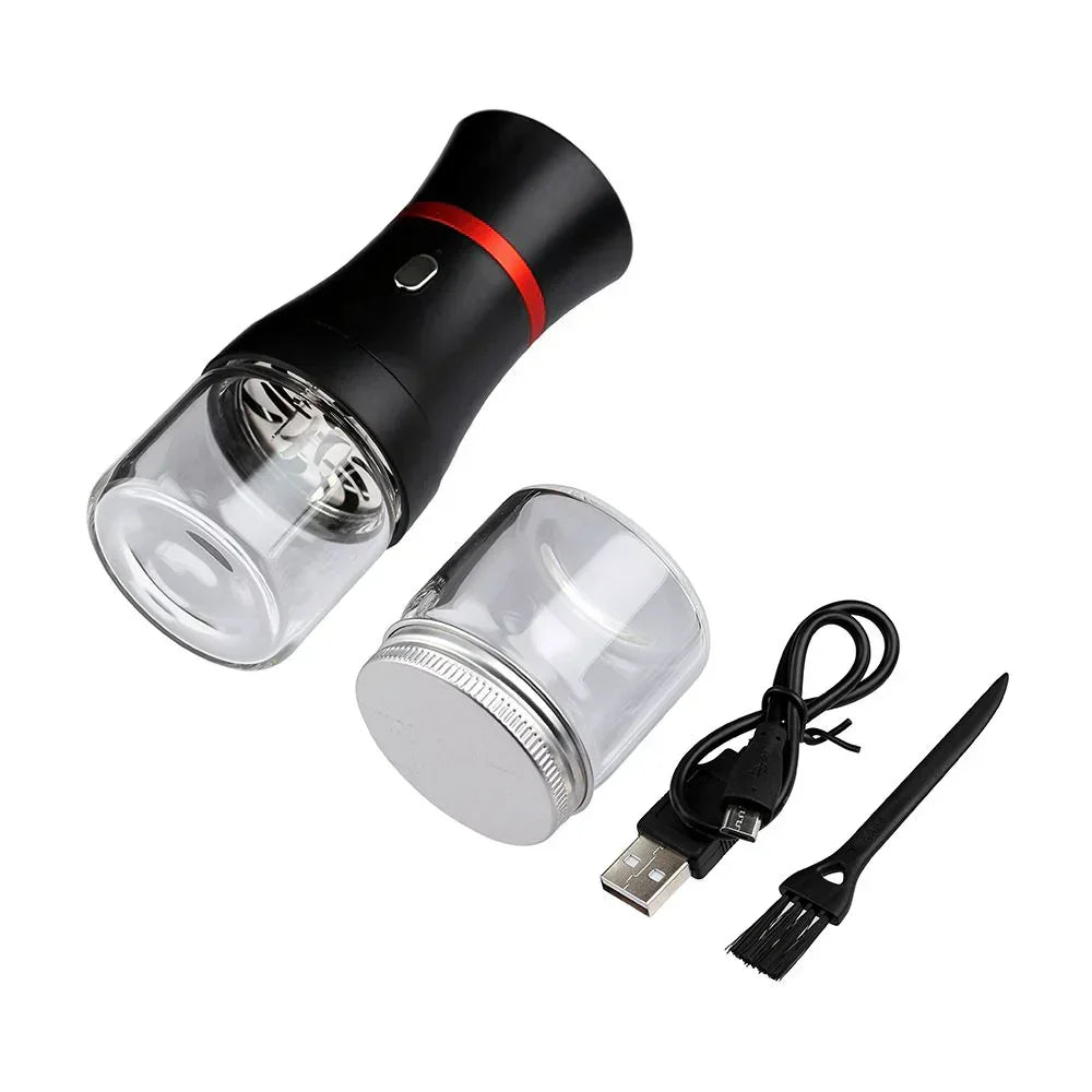 Electric herb grinder kit with clear jar, USB charging cable, and cleaning brush