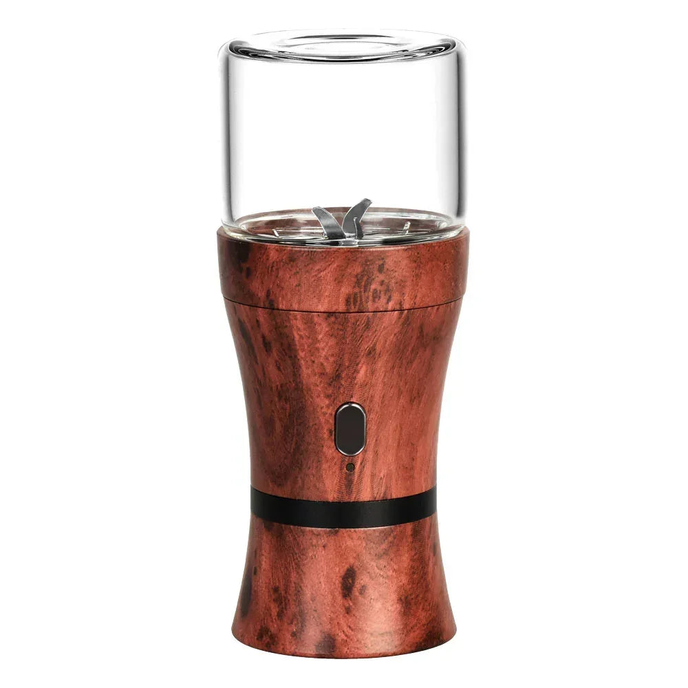 Electric herb grinder with wood grain finish and clear lid on white background