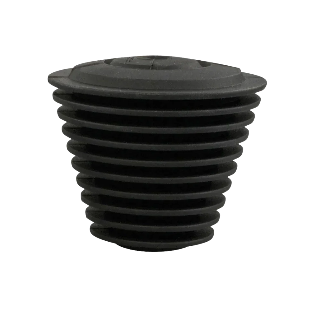 Black silicone water pipe cleaning plug with ribbed design on white background