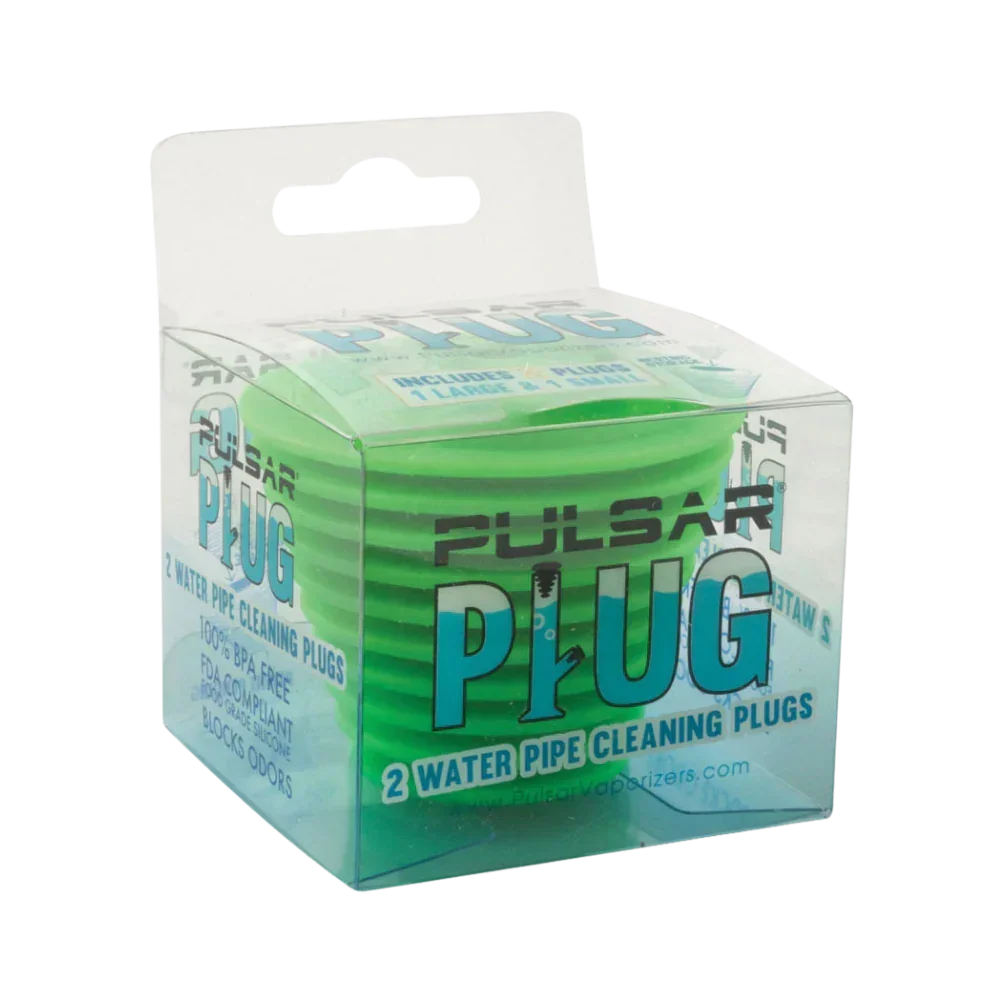 Pulsar water pipe cleaning plug set in clear packaging, two green silicone plugs visible