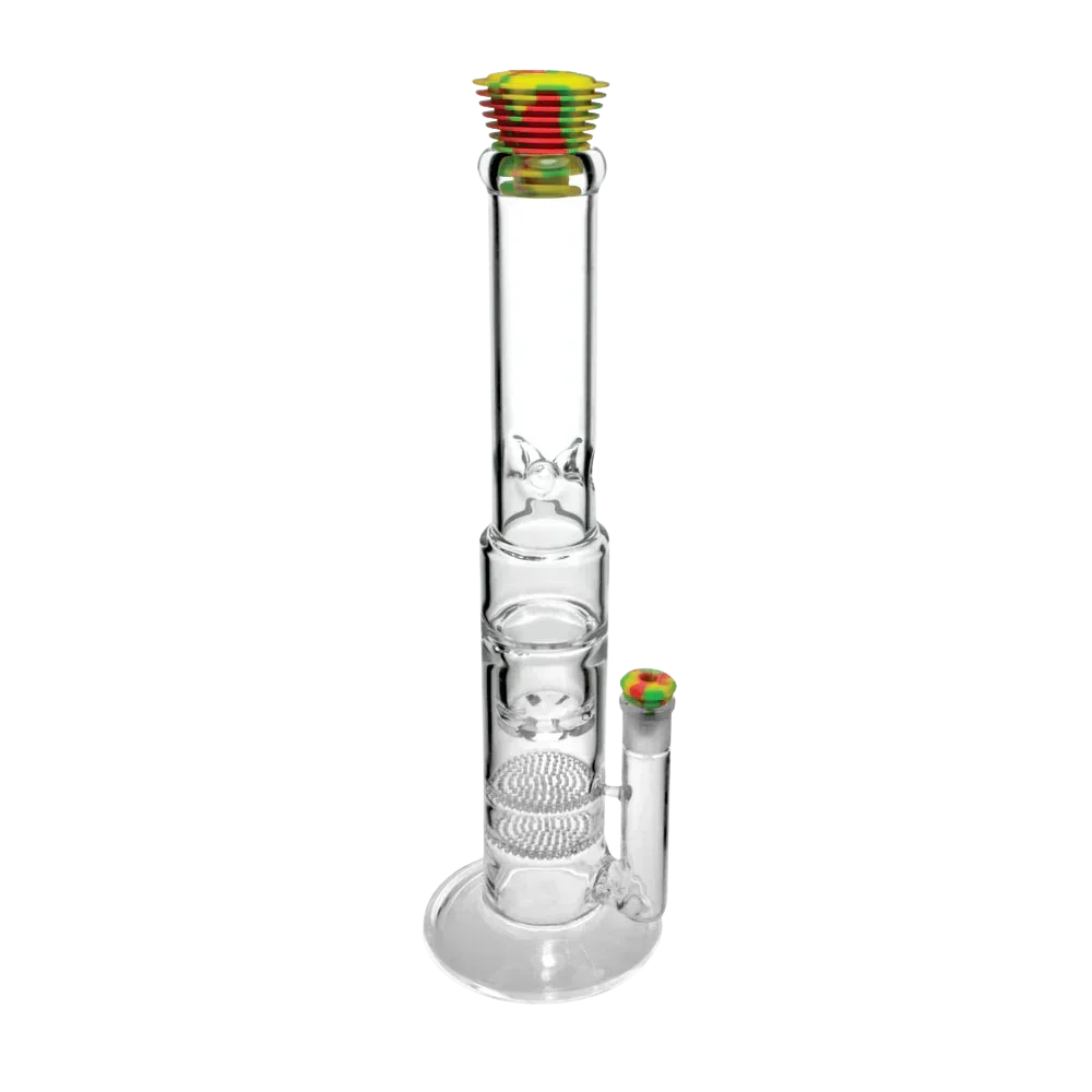 Clear glass water pipe with colorful silicone cleaning plug set inserted in the mouthpiece and joint.