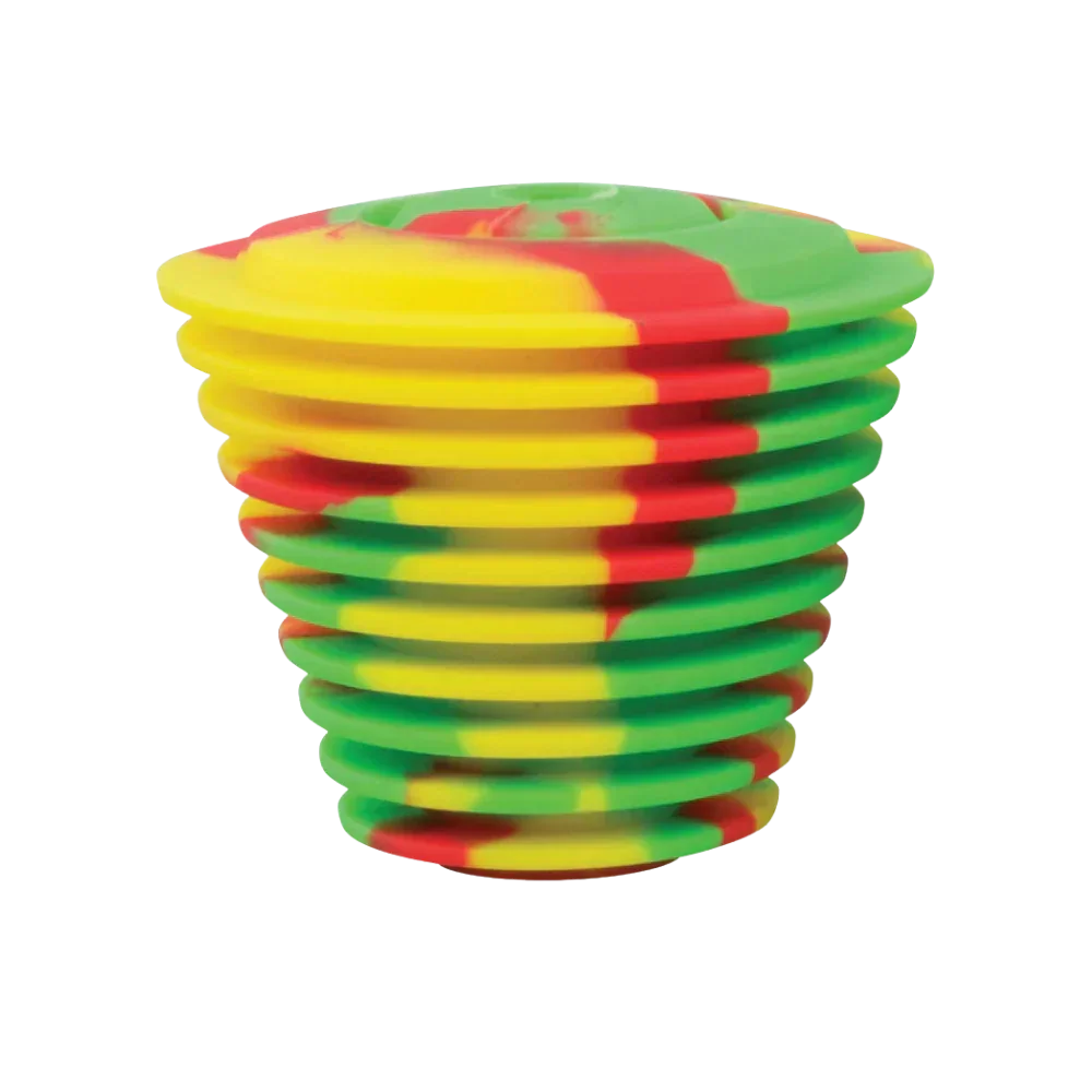 Silicone rasta water pipe cleaning plug with yellow, red, and green swirl pattern