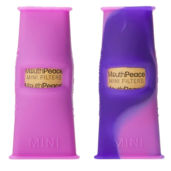 Purple and pink silicone MouthPeace mini filters for joint and vape use, front view