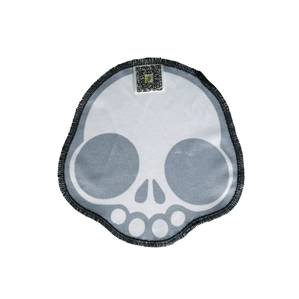 Round microfiber cleaning cloth with skull design and QR code, smoke shop accessory