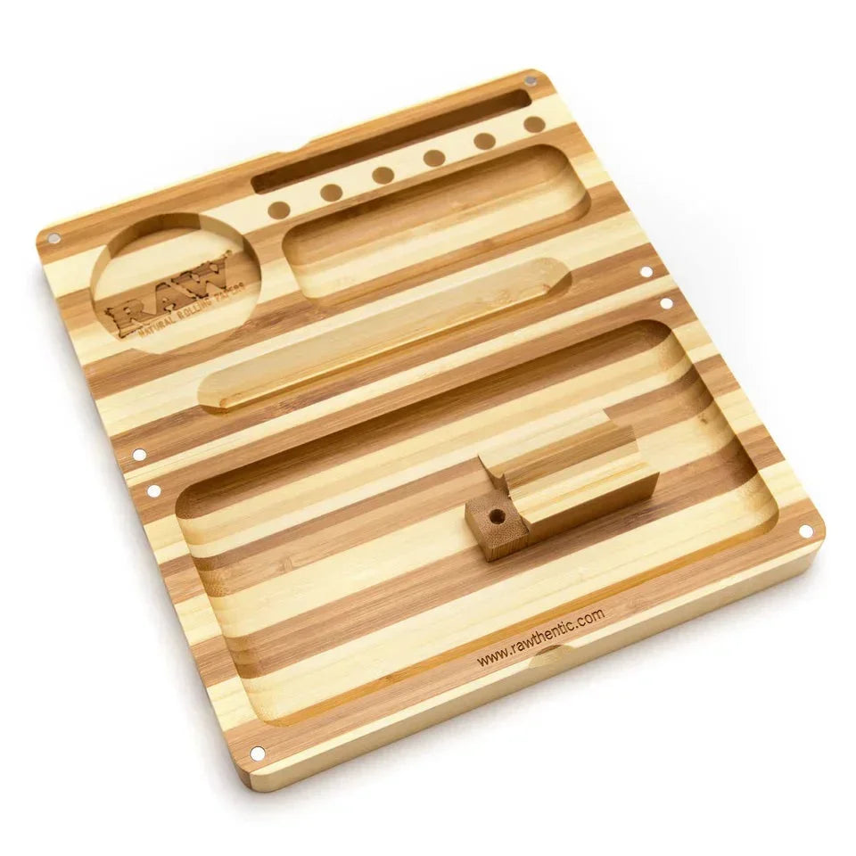 Striped bamboo magnetic rolling tray with compartments, branded RAW, slots for accessories.