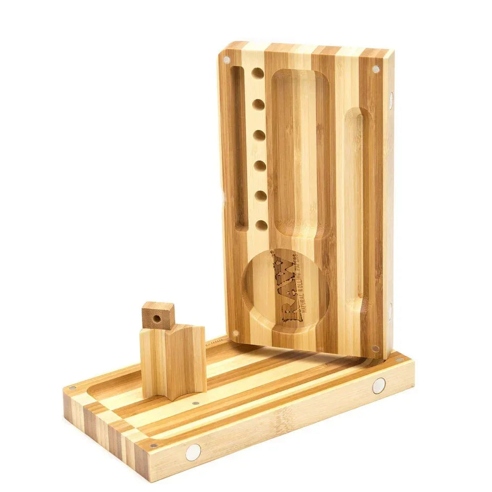 Magnetic bamboo rolling tray with striped pattern, storage slots, and RAW logo