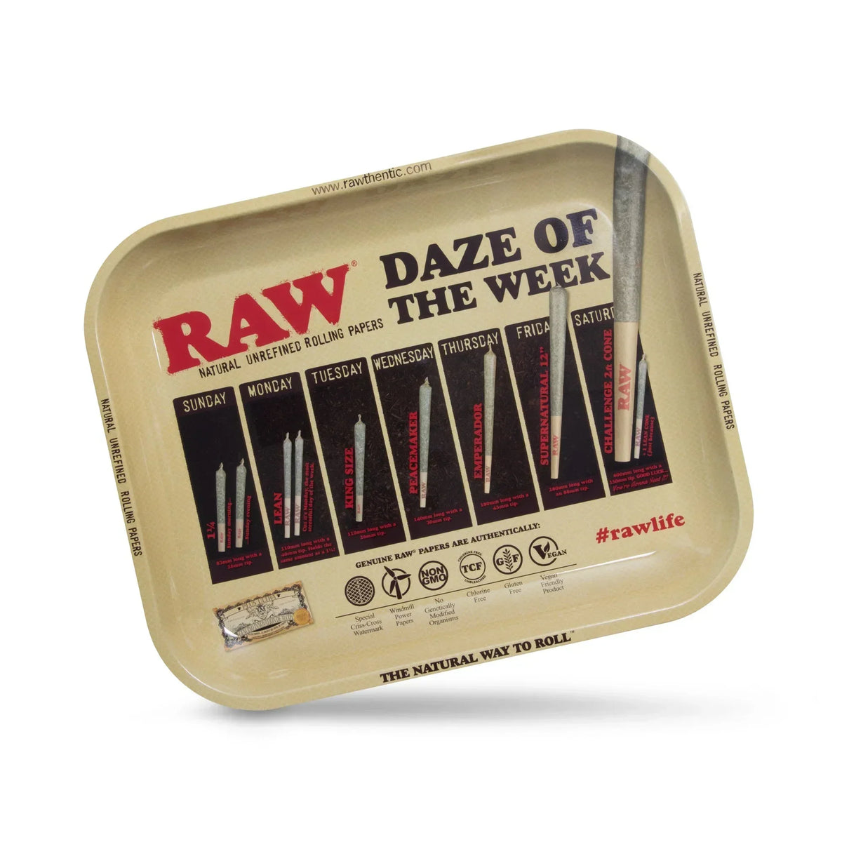 RAW Daze of the Week large metal rolling tray with joint size chart and beige background