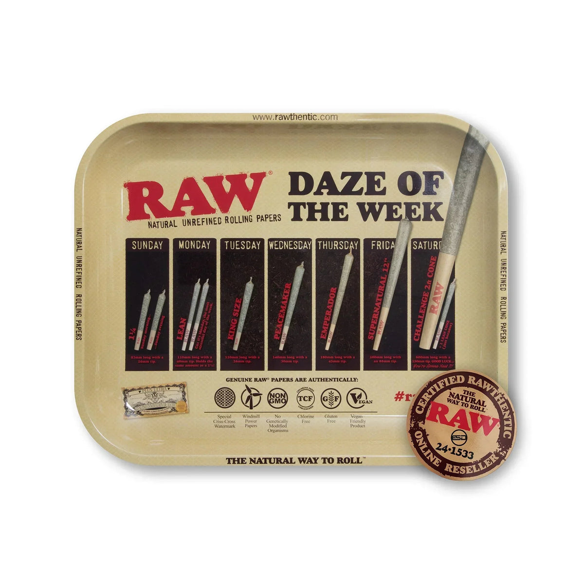 Large RAW rolling tray with Daze of the Week design, unrefined rolling papers theme.