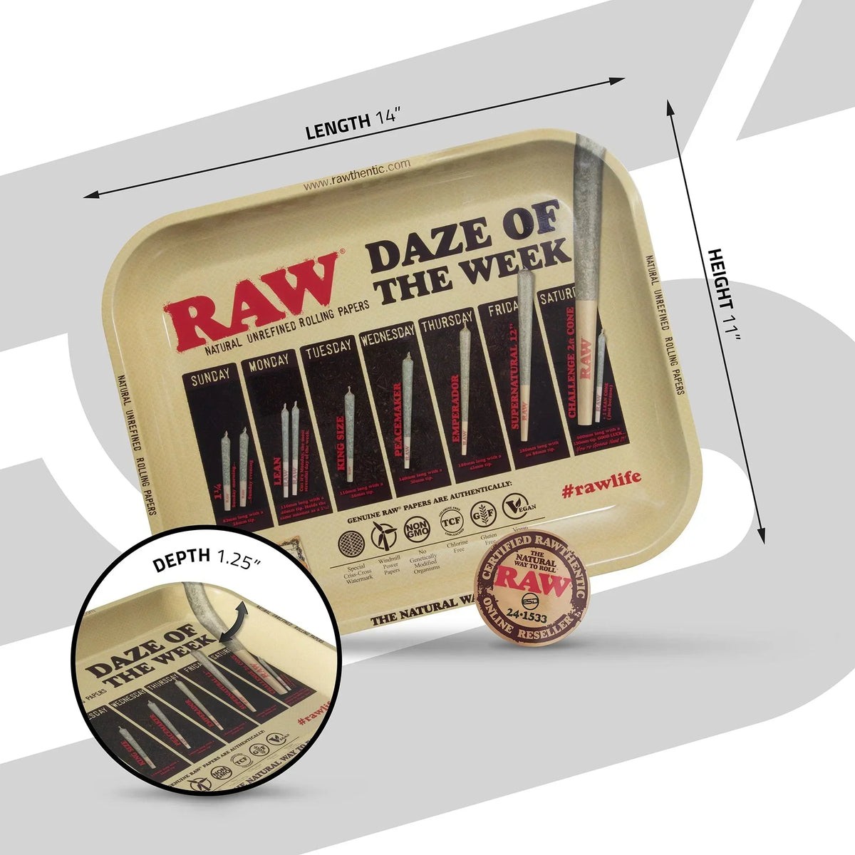 RAW Daze of the Week large rolling tray with joint sizes chart, beige, 14x11 inches.