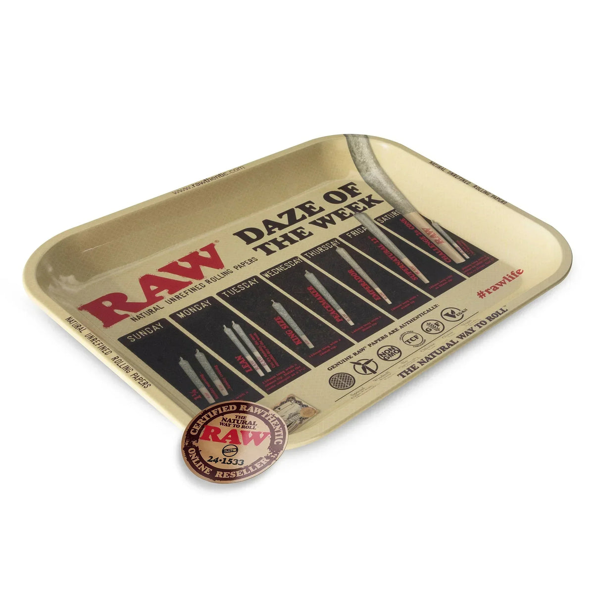 RAW Daze of the Week large metal rolling tray with joint illustrations for each day.