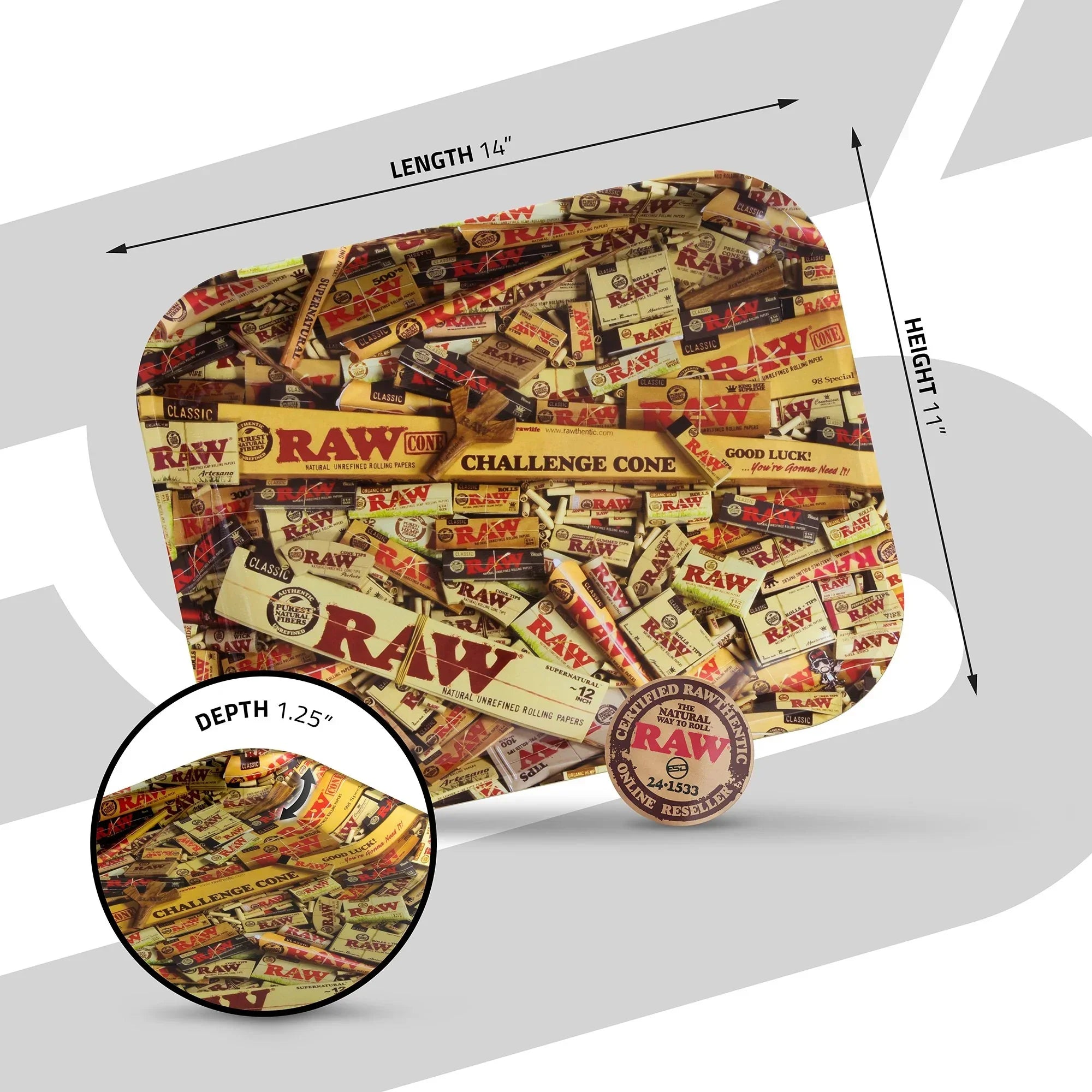 RAW mix rolling tray with colorful paper packaging design, 14x11 inches, 1.25 inch deep