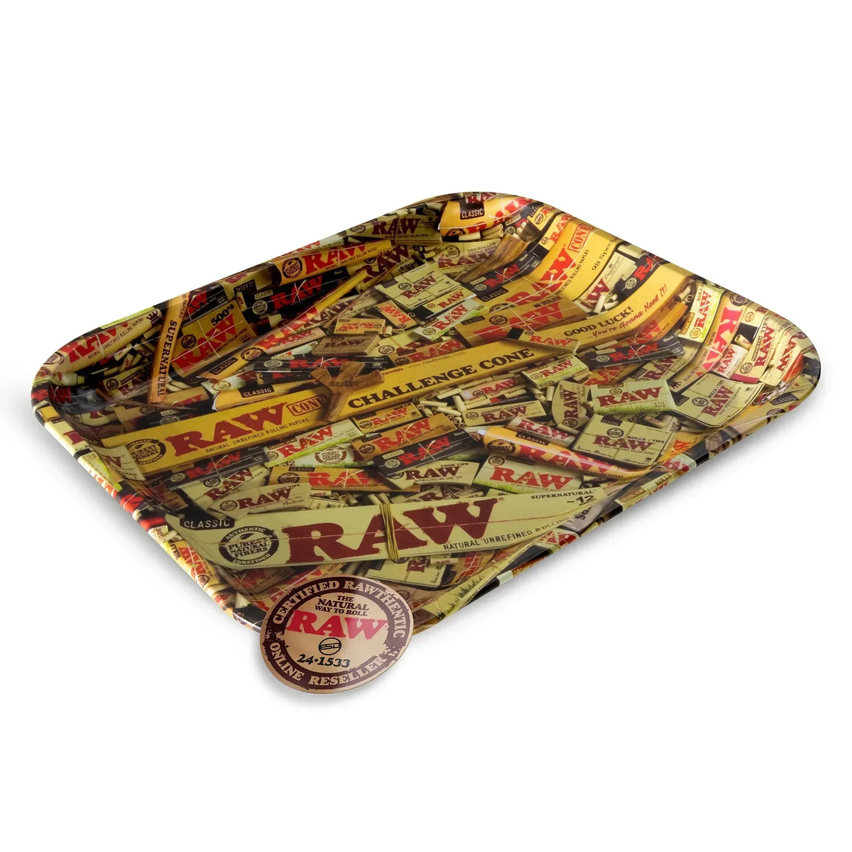 Colorful RAW rolling tray with assorted RAW paper packaging collage design