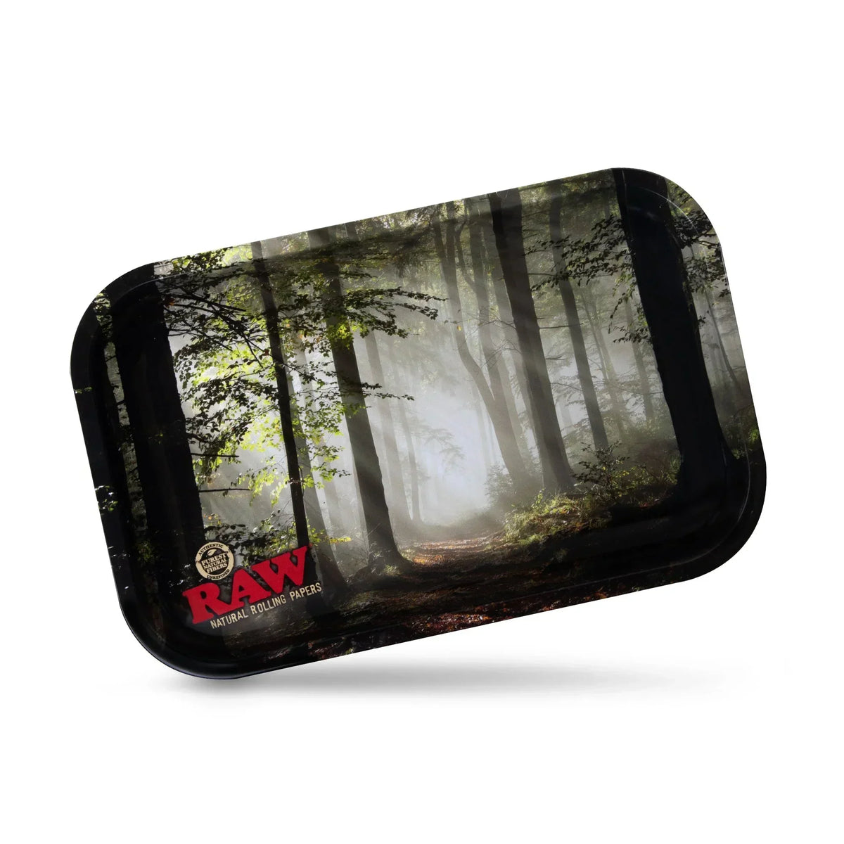 RAW metal rolling tray with smokey forest design, rectangular with rounded edges