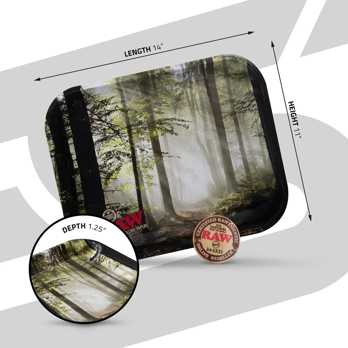 RAW rolling tray with smokey forest design, 14x11 inches, 1.25 inch depth