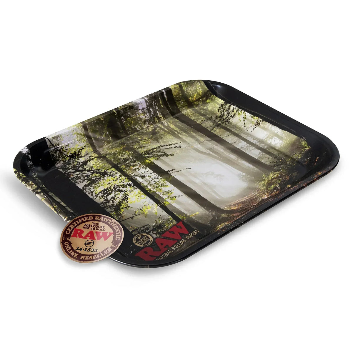 RAW rolling tray with smokey forest print and certified authenticity badge