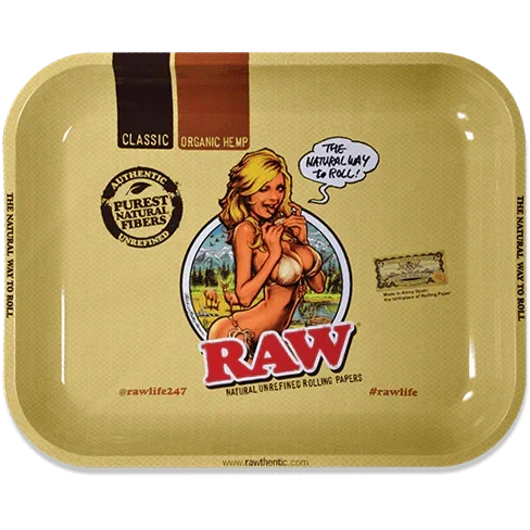 RAW rolling tray featuring a cartoon woman and RAW logo, for rolling papers and smoking accessories
