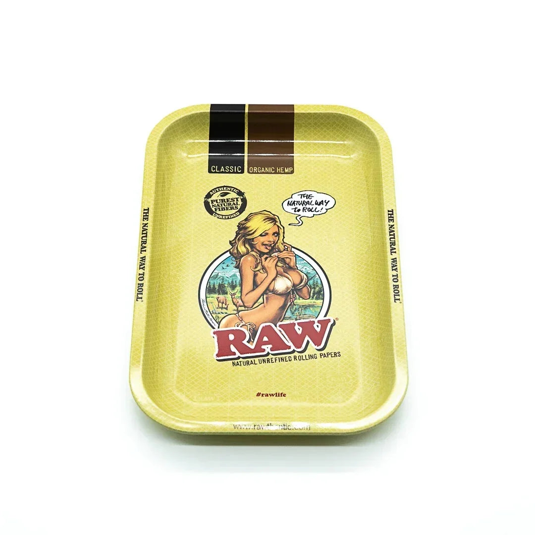 RAW rolling tray featuring cartoon woman illustration, classic organic hemp design