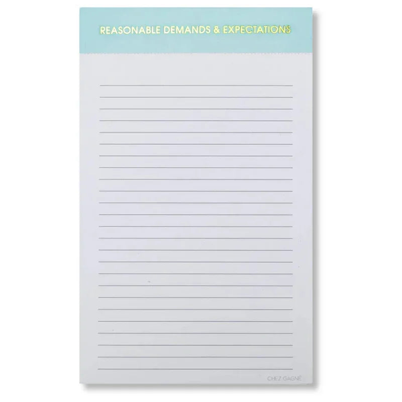 Lined notepad with 'Reasonable Demands & Expectations' text on blue header
