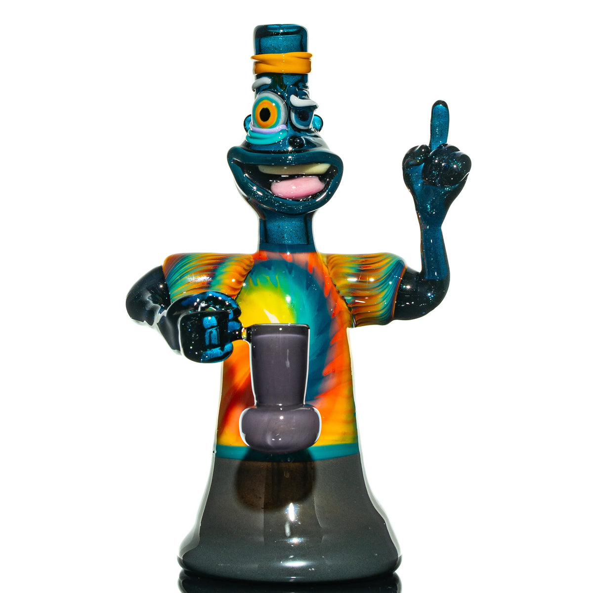 Colorful heady glass rig featuring a cartoon figure with tie-dye details and unique design