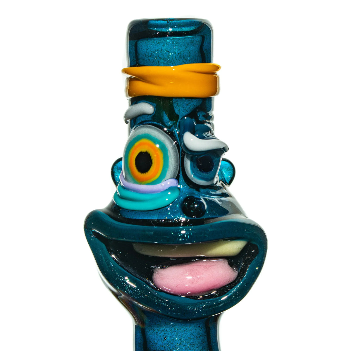 Hand-blown glass pipe with a colorful cartoon face and expressive sculpted features