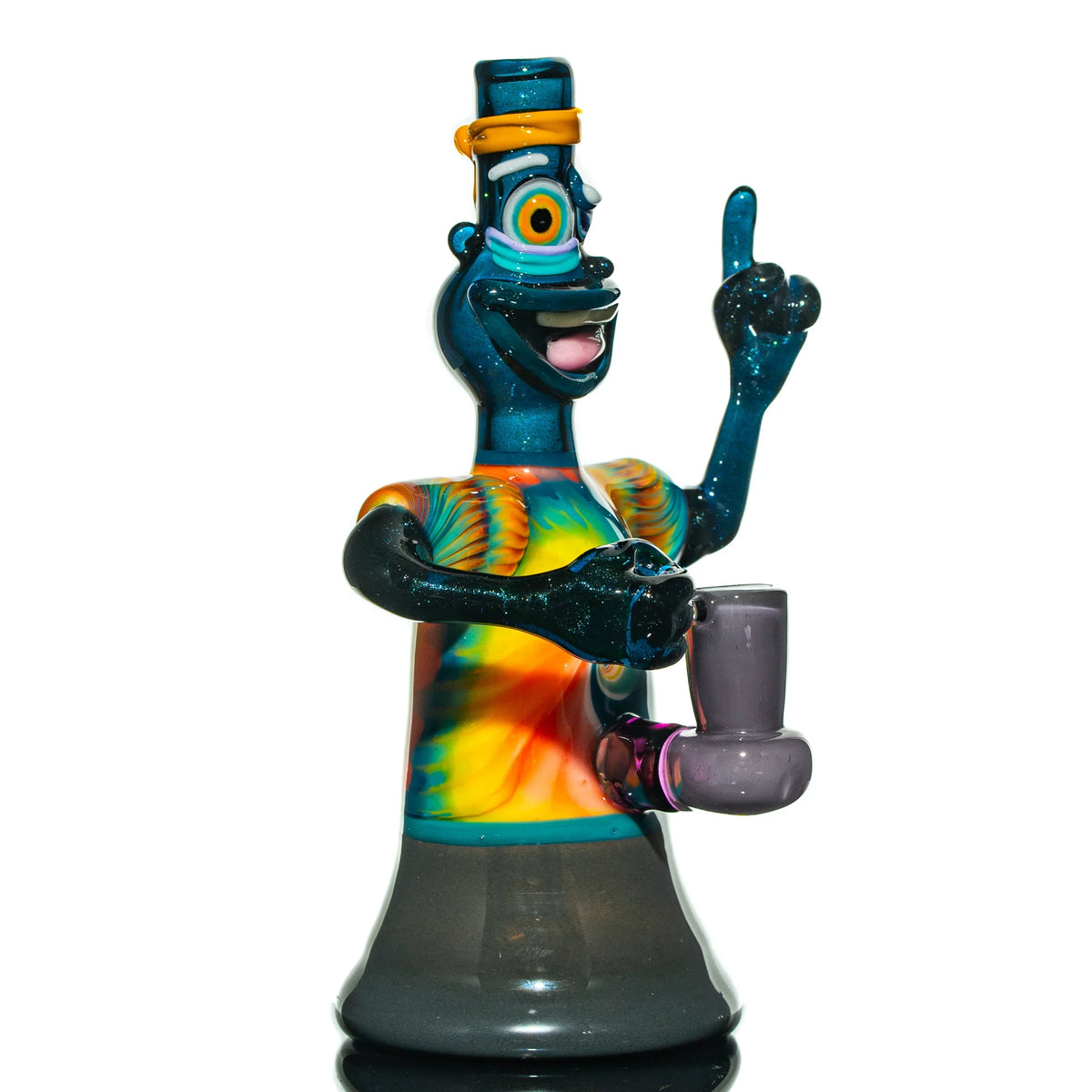 Colorful character-themed glass water pipe art with tie-dye details on white background