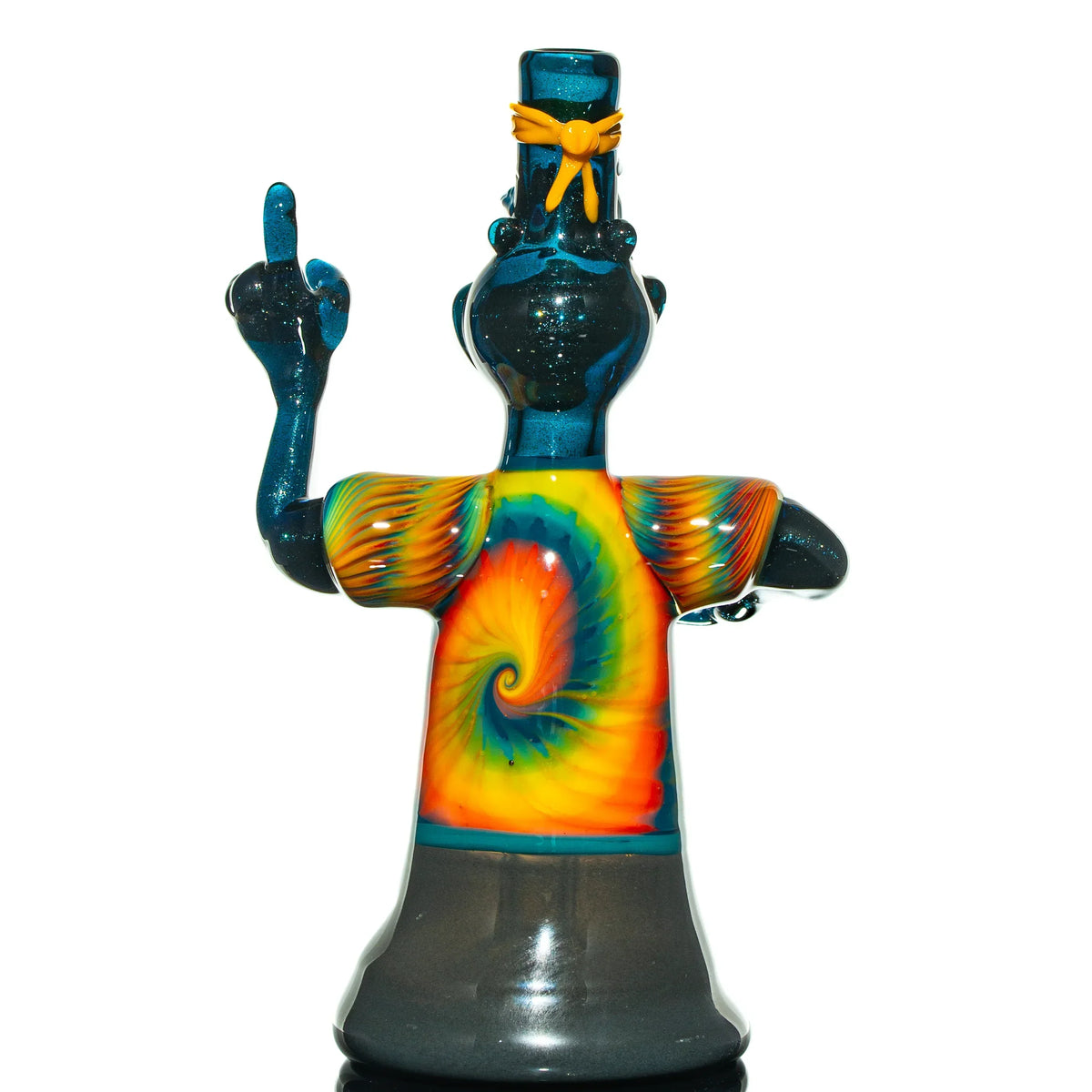 Heady glass rig shaped like a figure with blue glass and a rainbow swirl shirt design