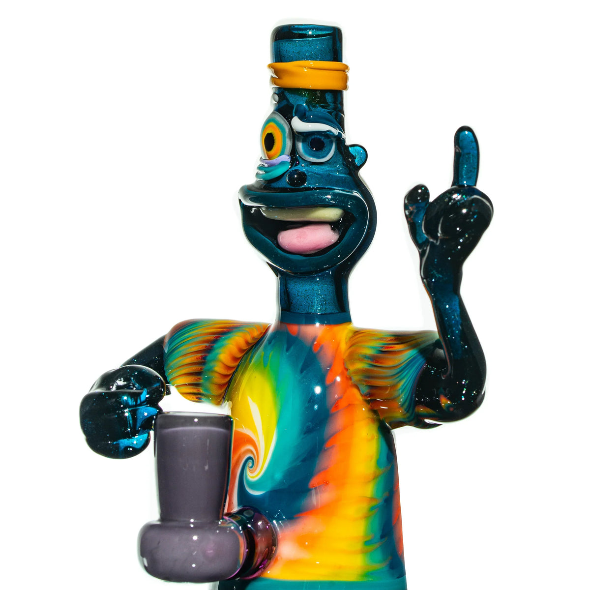 Colorful heady glass rig shaped like a whimsical character with rainbow swirl details