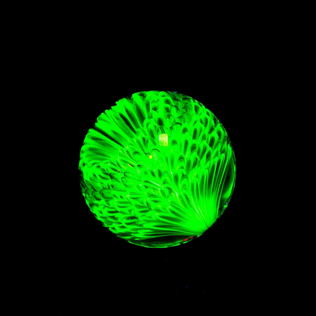 UV reactive glass marble with vibrant green blossom pattern on black background