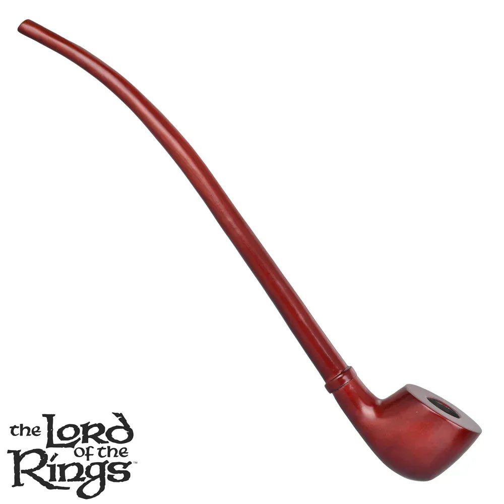 Long red wooden pipe with curved stem, bowl, and The Lord of the Rings logo