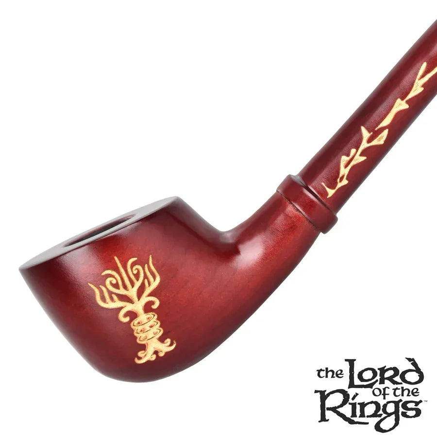 Red wood pipe with gold Elvish designs, Lord of the Rings inspired smoking accessory.