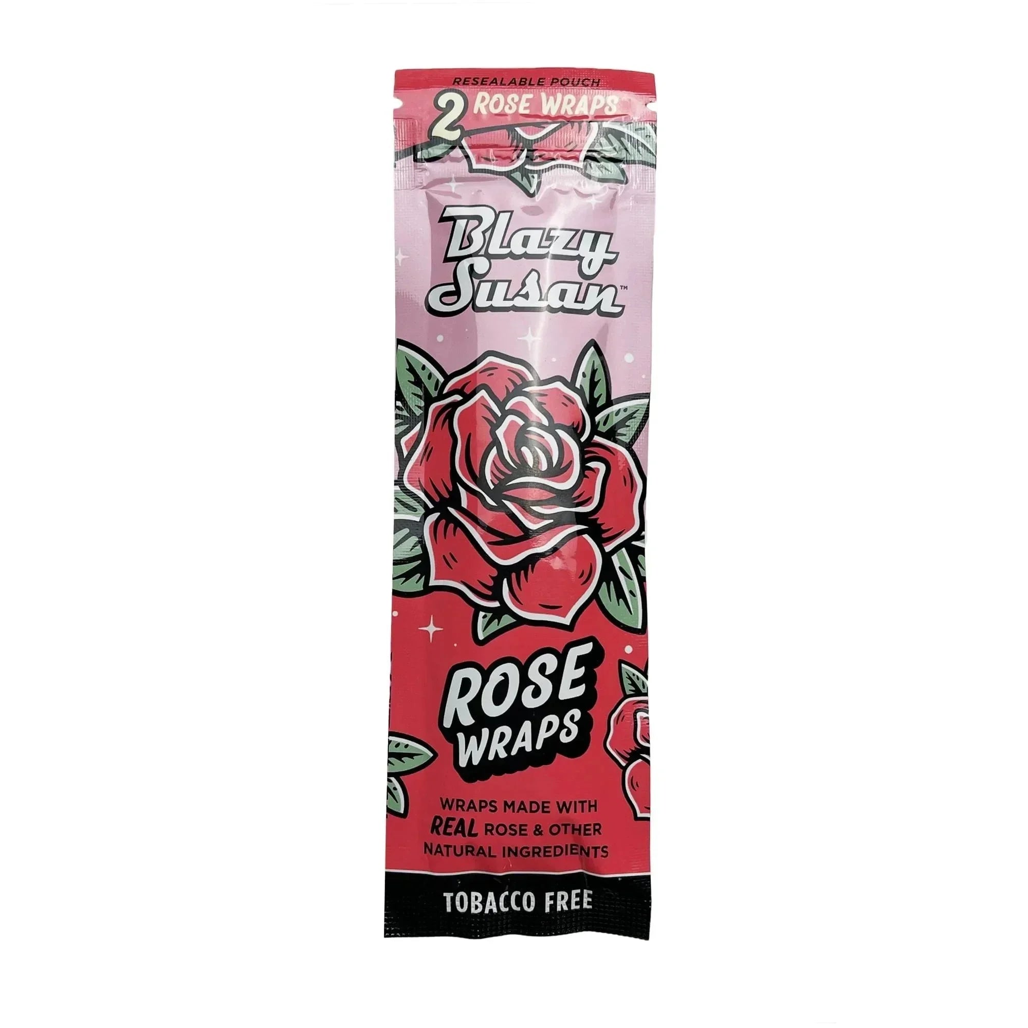 Blazy Susan rose wraps resealable pouch, tobacco free, made with real rose, pink packaging.