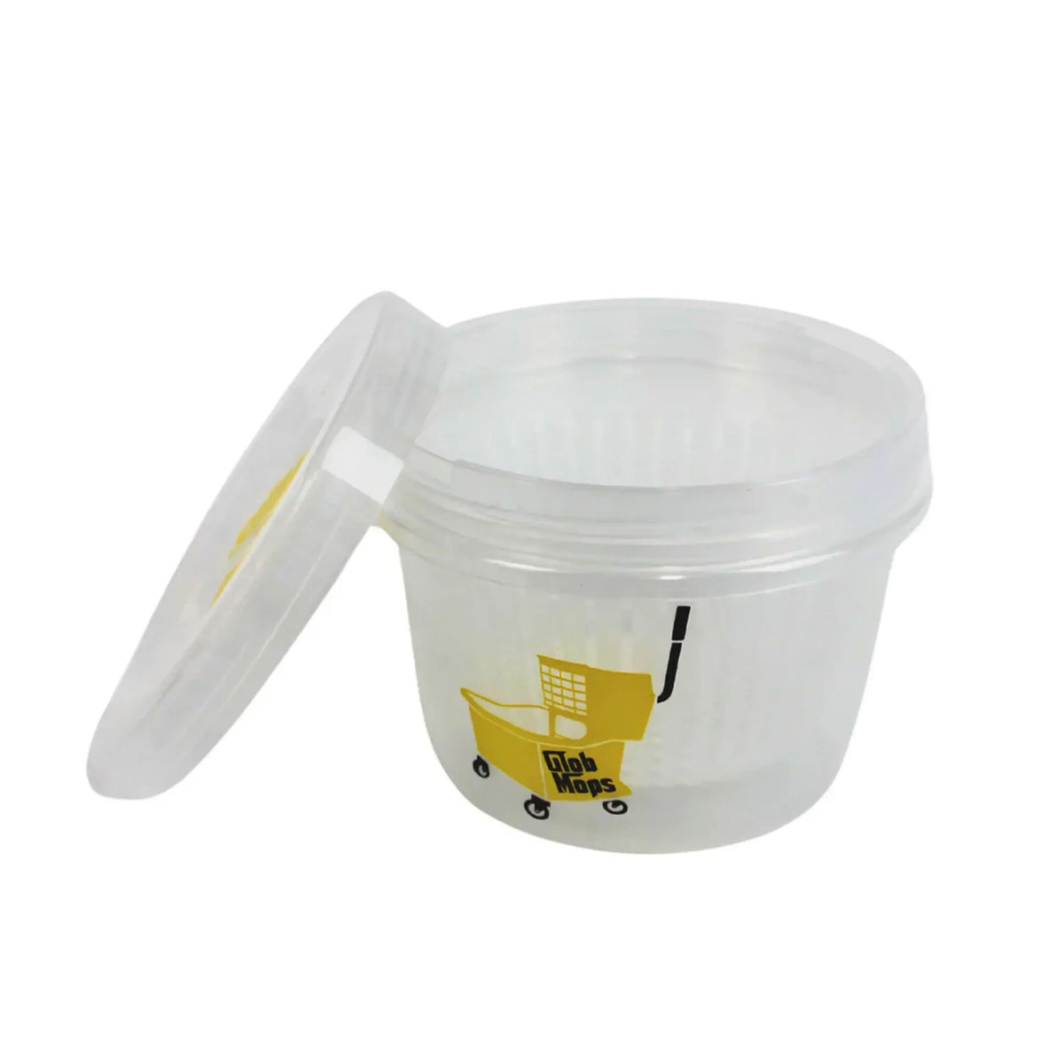 Plastic round cleaning container with yellow cart graphic and Q-tip storage lid