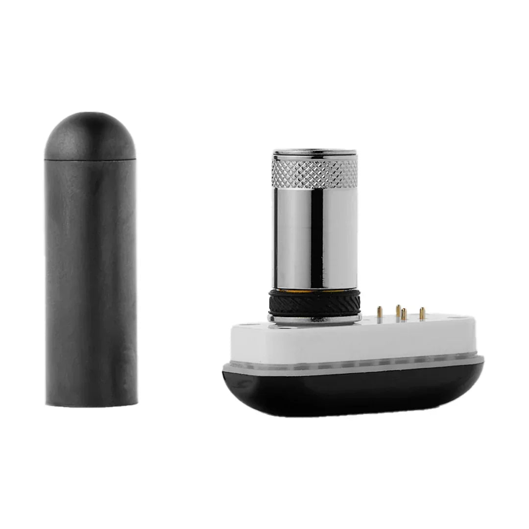 Replacement atomizer for vaporizer, chrome and black component with protective cap, isolated