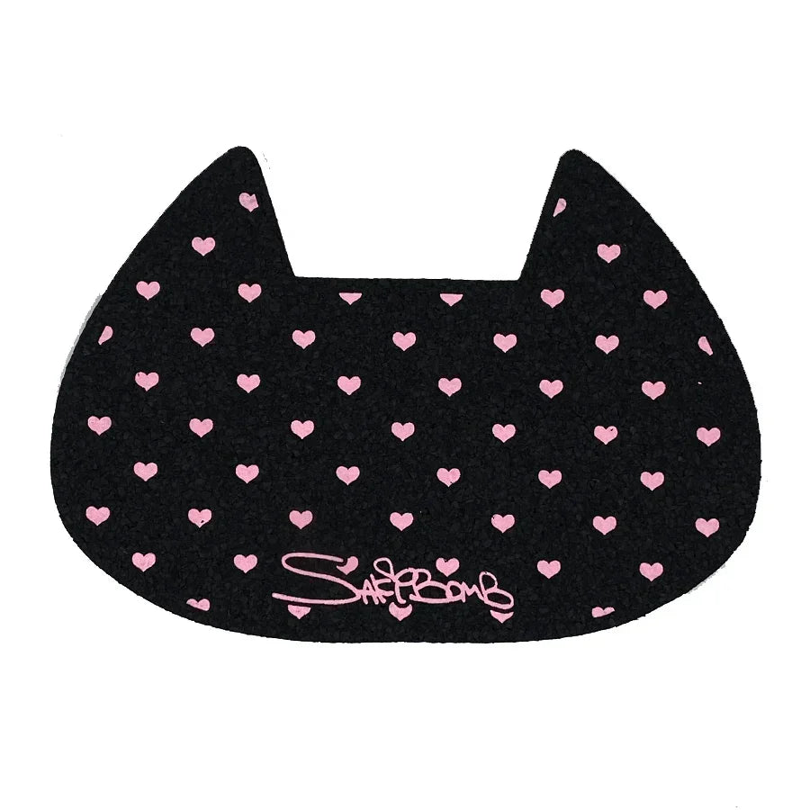 Black cat-shaped mat with pink heart pattern and script logo, cute accessory pad
